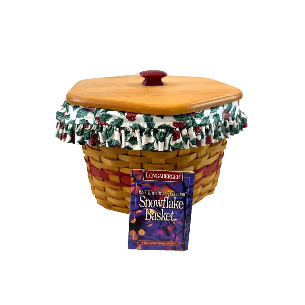 1997 Longaberger Snowflake Basket Holly Liner Protector & Lid Christmas